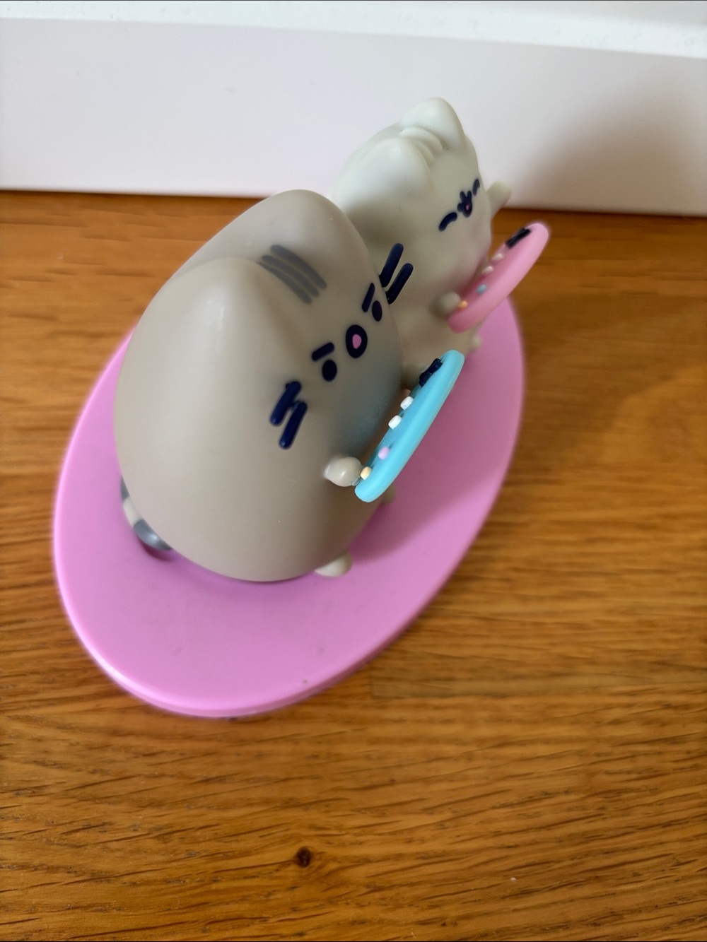 Pusheen Gray Cat Figurine with Pink Base and Blue & Pink Donuts